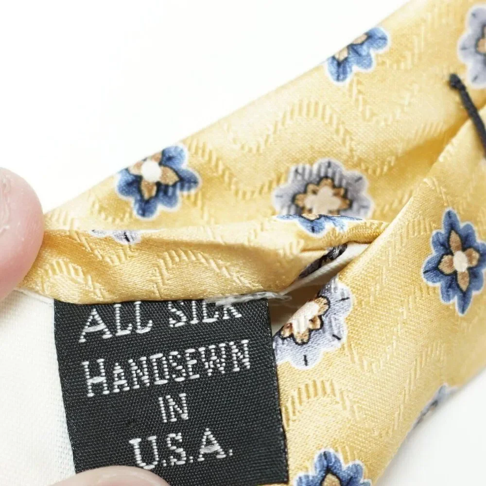 Jos A Bank Yellow Geometric Floral‎ Silk Wide Woven Tie Hand Sewn